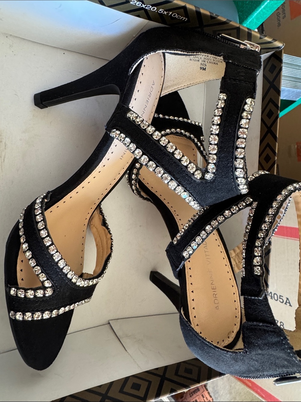 Adrienne Vittadini Black Rhinestone T-Strap Heels